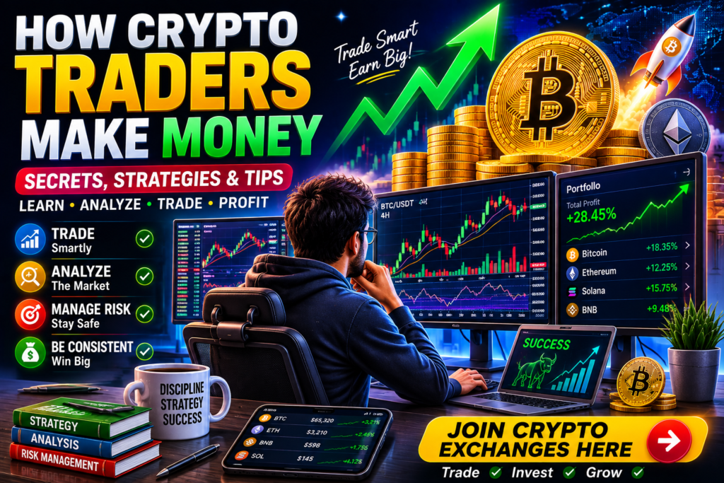Learn how crypto traders attempt to make money through day trading, swing trading, technical analysis, arbitrage, trading bots, and risk management.