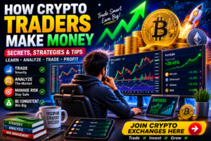 Learn how crypto traders attempt to make money through day trading, swing trading, technical analysis, arbitrage, trading bots, and risk management.