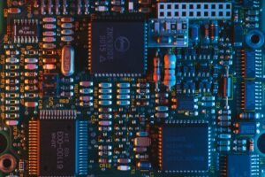 Blue computer circuit board close-up
