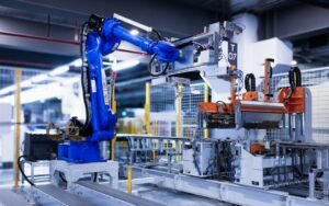 Blue industrial robot arm in a factory