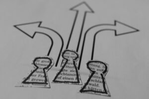 Business decision between two strategic paths, illustrating in-house versus consultant choice