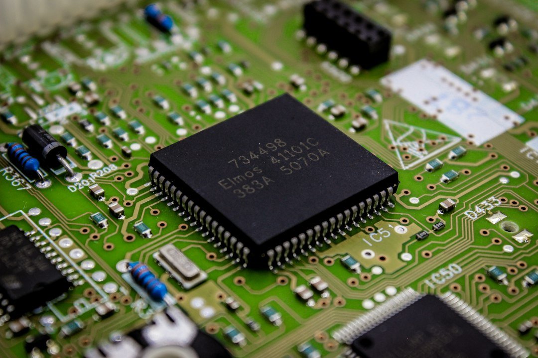 Close-up of a computer chip mounted on a printed circuit board