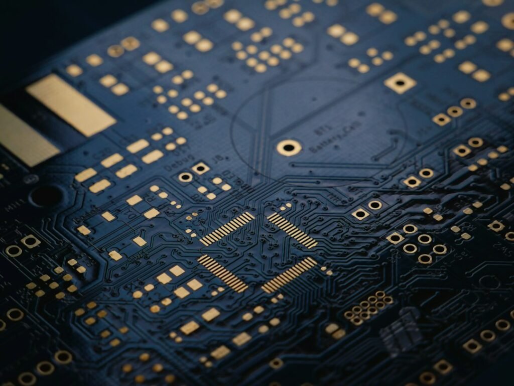 Close-up of a dark blue circuit board