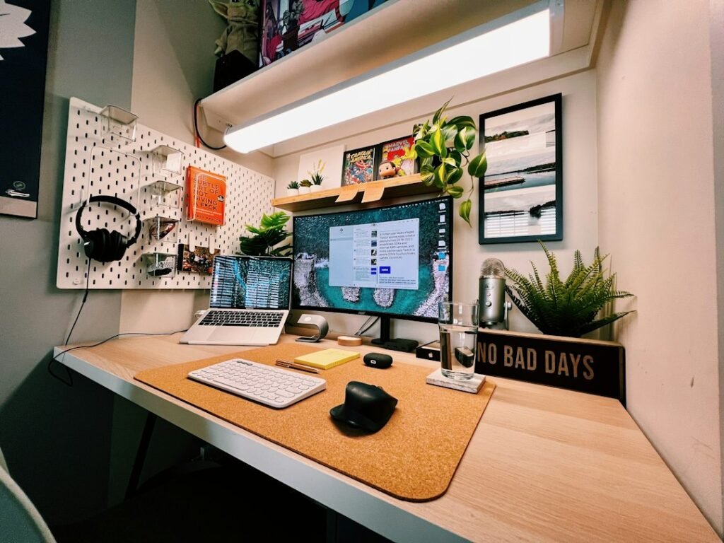 Desk setup with a laptop and an external monitor
