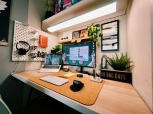Desk setup with a laptop and an external monitor