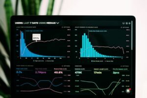 Graphs of website performance analytics on a laptop screen