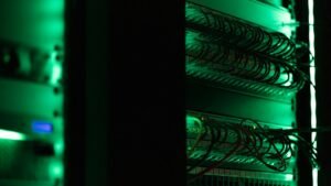 Rack of server equipment in a dark room