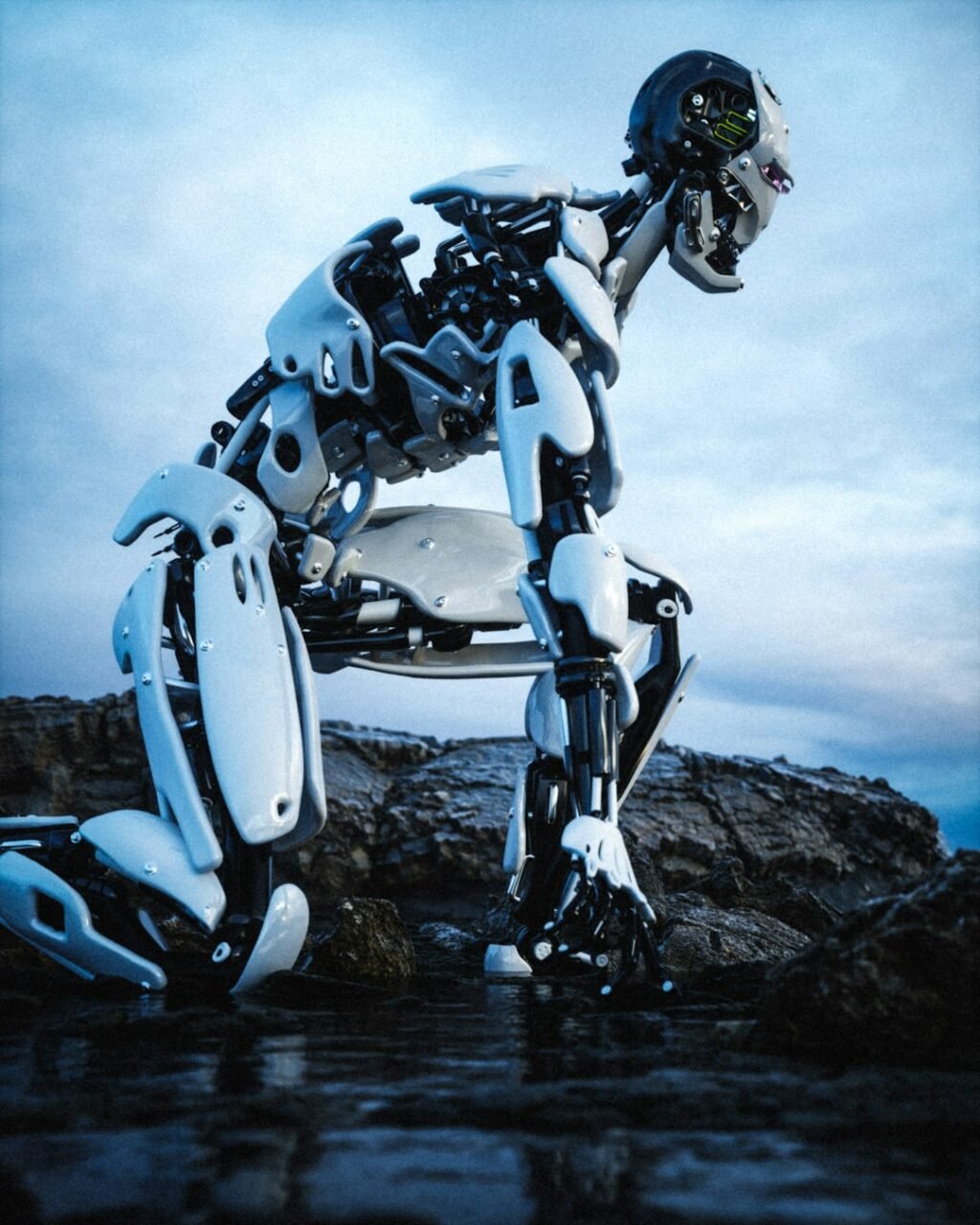 Robot standing in shallow water outdoors