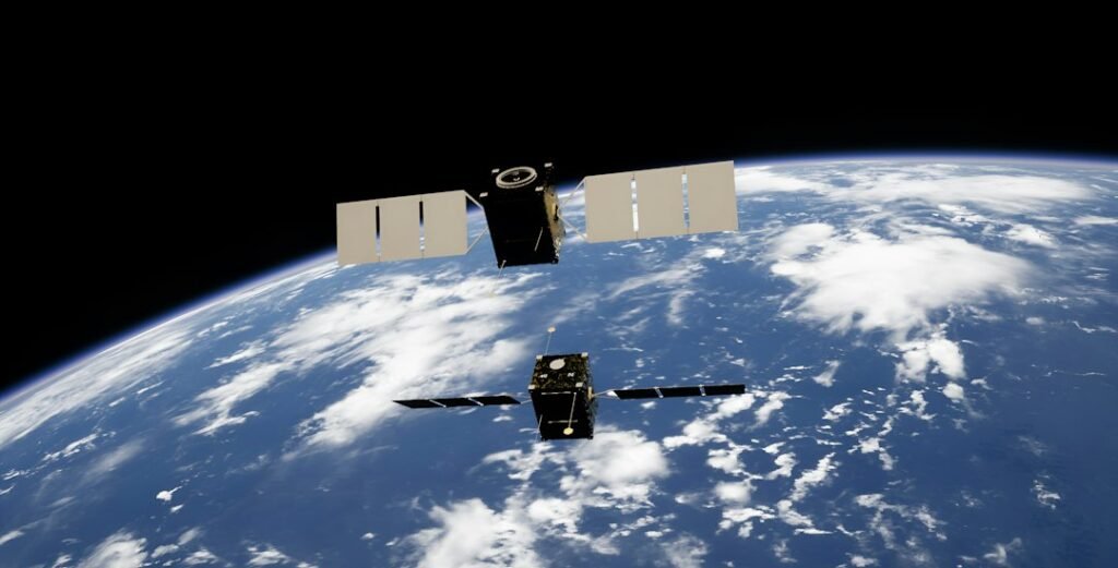 Two satellites with extended solar panels orbiting above Earth's blue oceans and white clouds