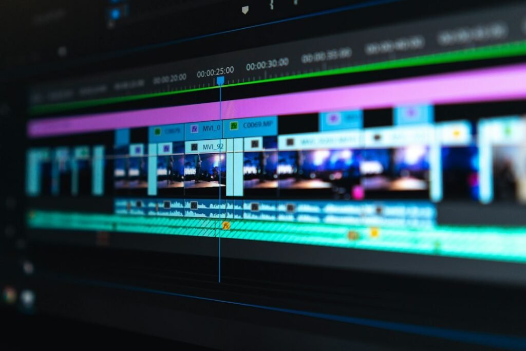 Video editing timeline with clips on a computer screen