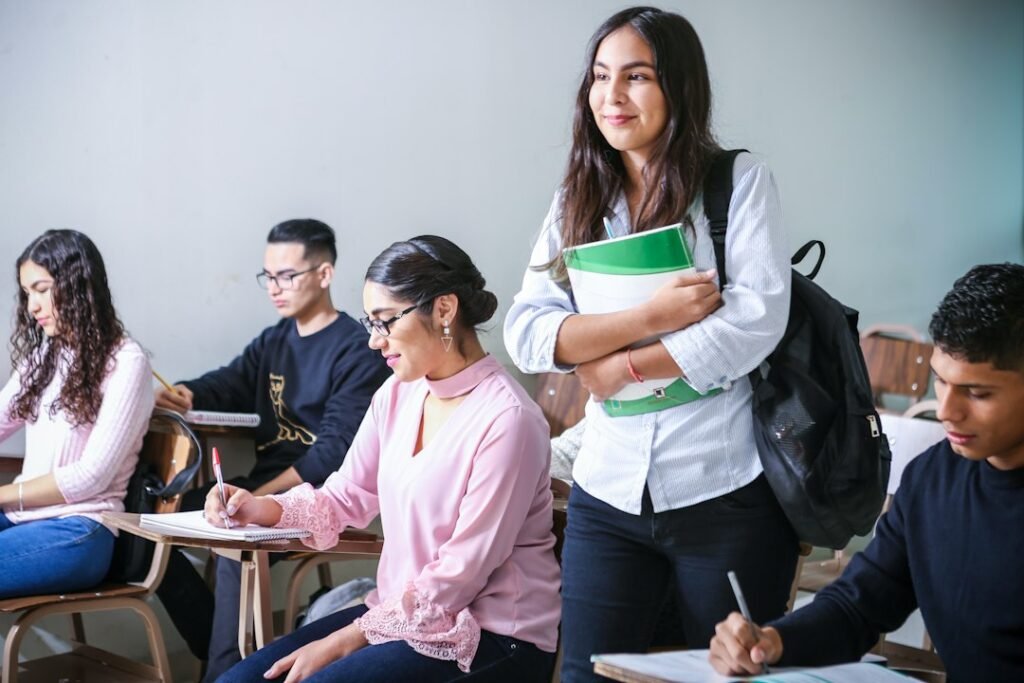 Woman carrying a textbook