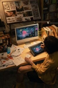 Artist creating digital art at a desk, illustrating how to use Midjourney for AI image generation