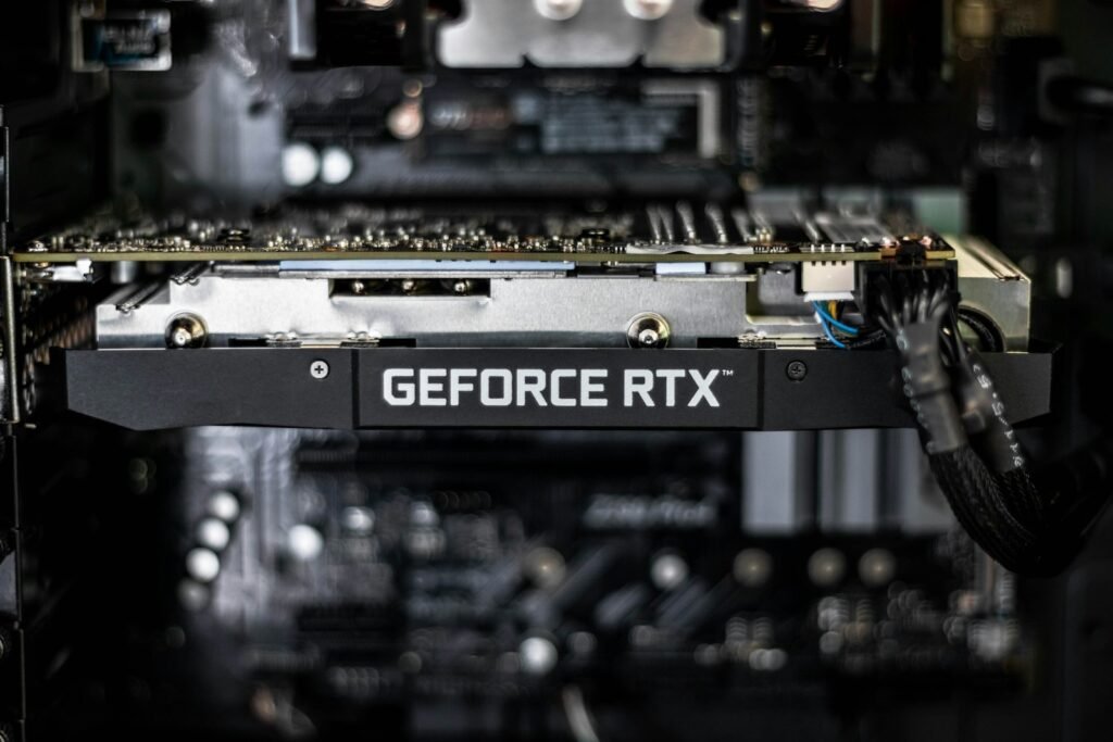 Close-up of a GeForce RTX graphics card, the kind of GPU used to run Qwen-Image 2.1 locally