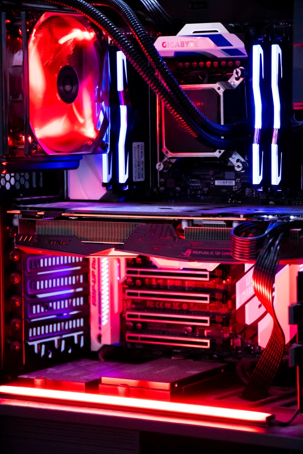 Desktop PC tower with a graphics card, the kind of hardware used to run an LLM locally