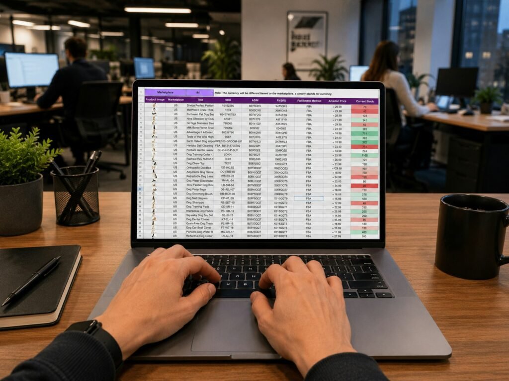 Hands typing on a laptop showing a data spreadsheet, illustrating how to use AI in Excel